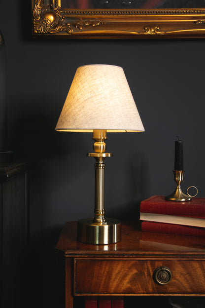 Brass Cordless Rechargeable Table Lamp with Oatmeal Shade