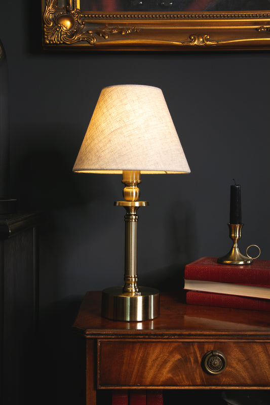 Brass Cordless Rechargeable Table Lamp with Oatmeal Shade