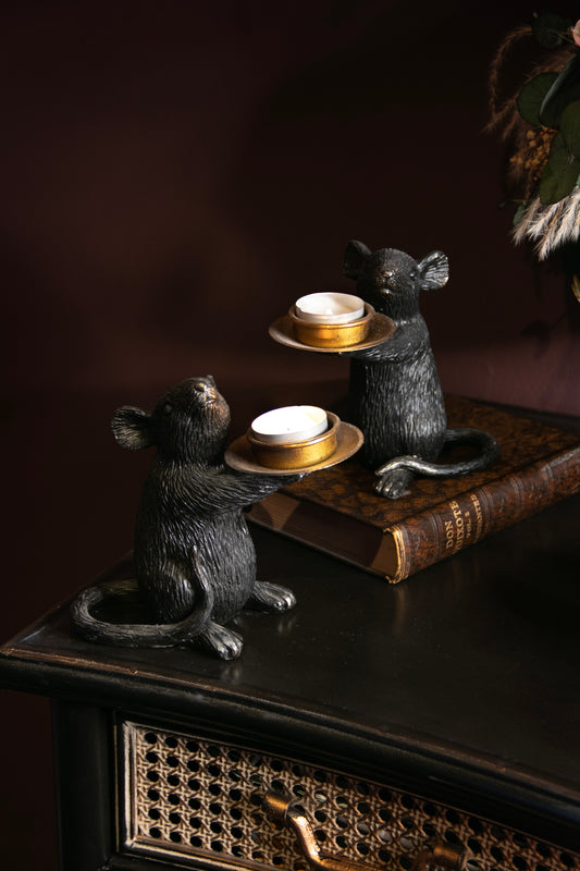 Pair of Black & Gold Mouse Candle Holders