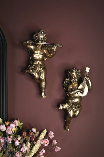Stock due June - Gold Cherub Lute Wall Figure