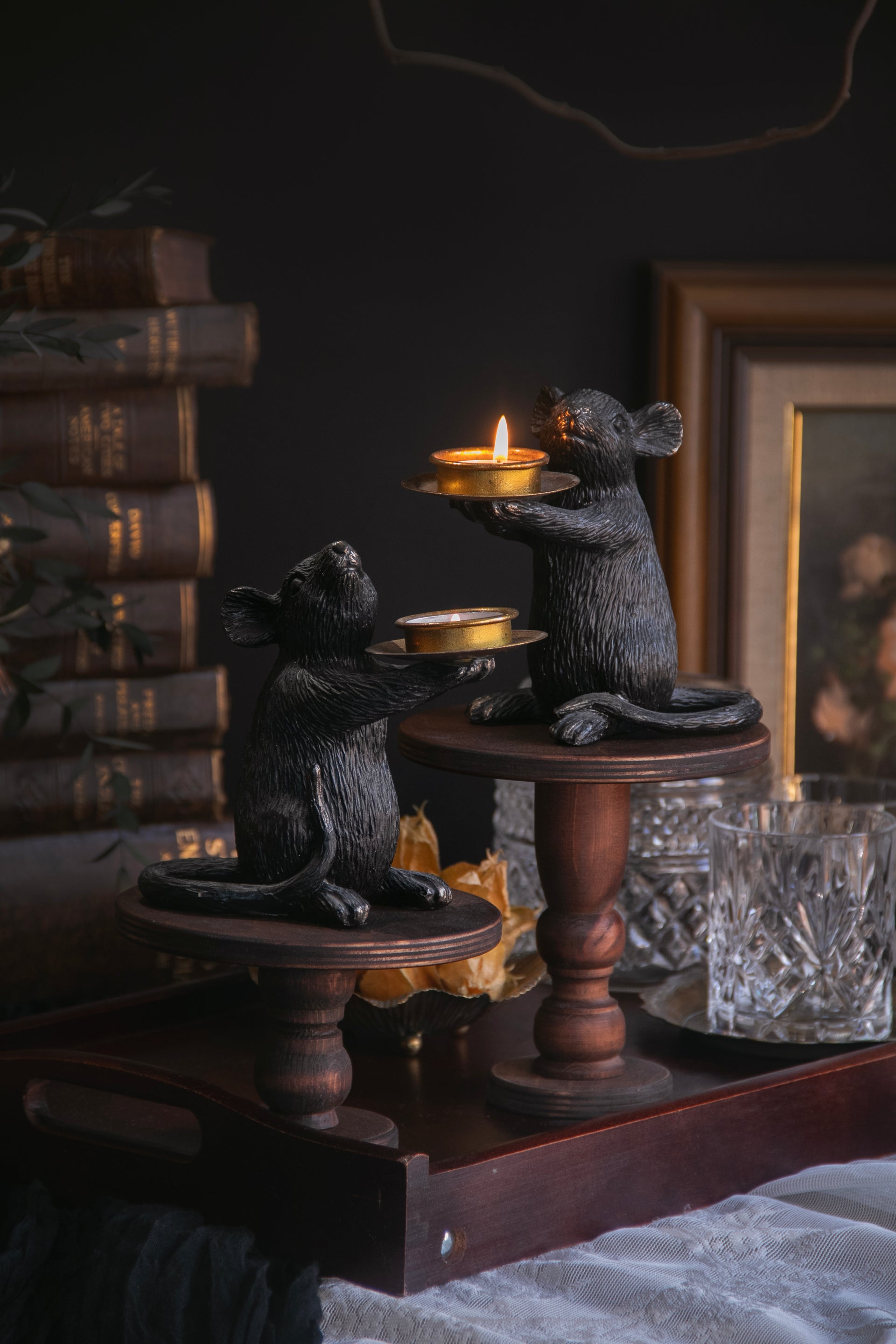 Pair of Black & Gold Mouse Candle Holders