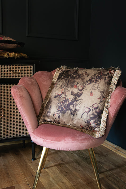 Floral Velvet Cushion with Champagne Fringe Detail