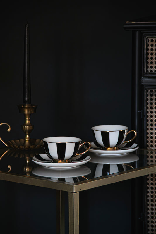 Monochrome Striped Teacup & Saucer